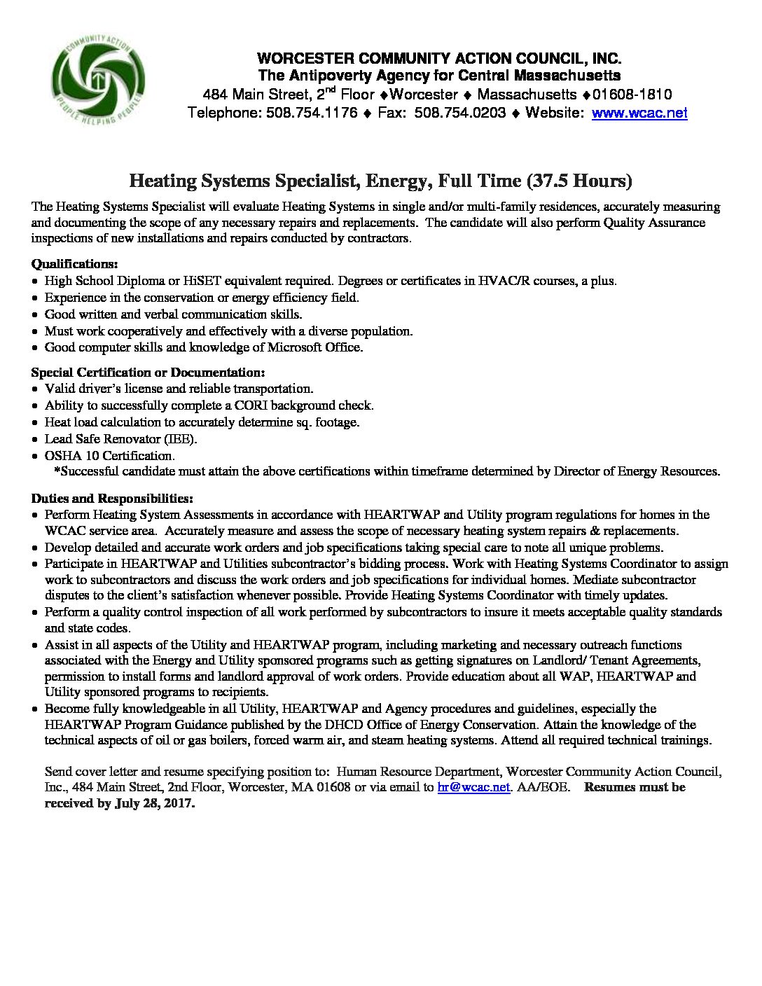 Heating Systems Specialist 7-17-17 - Worcester Community Action Council