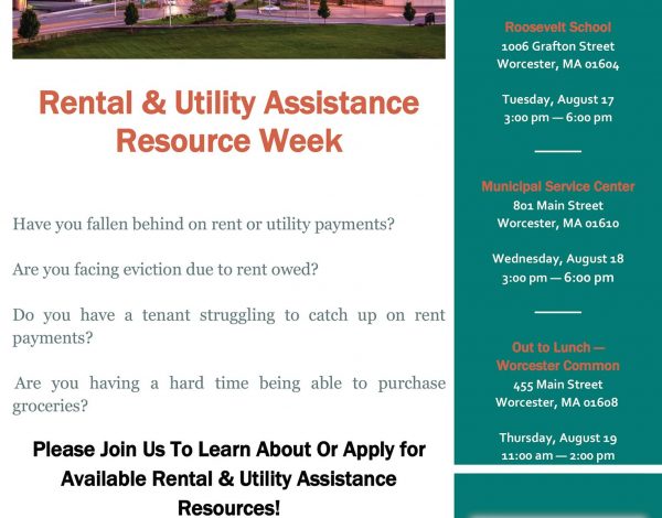 City skyline at dusk above text about "Rental & Utility Assistance Resource Week".