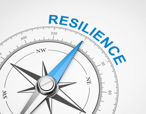 A compass with a blue needle points towards the word "Resilience".
