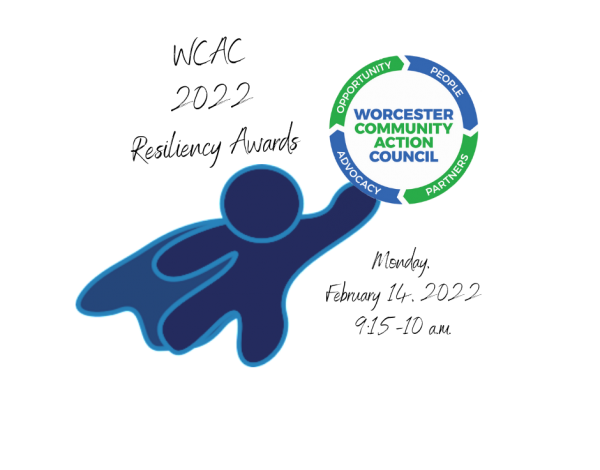 A stylized blue figure with a cape reaches for a circular logo that reads "Worcester Community Action Council".