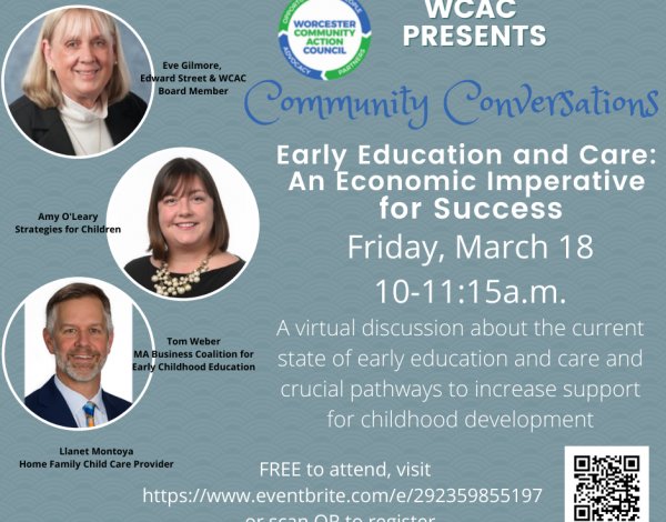 WCAC event flyer titled "Community Conversations." Features photos of three speakers, event details.