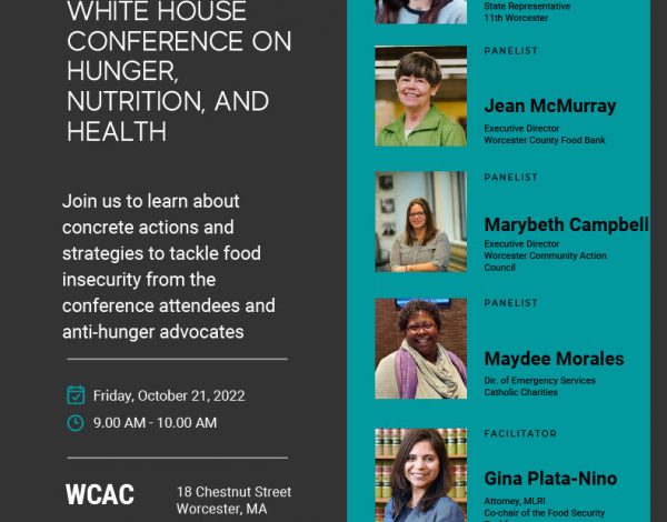 Flyer for a Worcester Taskforce event on food security, with a speaker lineup featuring four panelists and two facilitators.