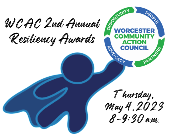 Silhouette of a figure holding a circular logo of Worcester Community Action Council.