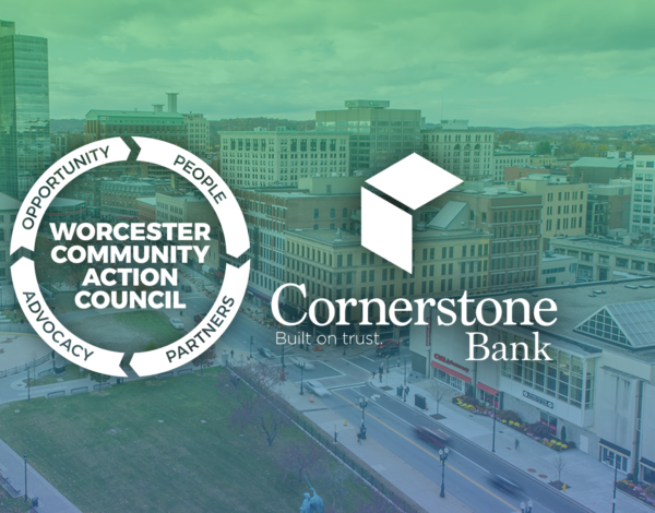 Logos of Worcester Community Action Council and Cornerstone Bank over a cityscape background.
