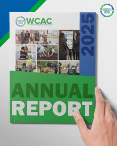 Cover of the 2025 Worcester Community Action Council (WCAC) Annual Report featuring the WCAC logo at the top and a collage of photos showing community programs, classroom activities, gardening, and outreach services. A bold green and blue design frames the cover, with “2025” displayed vertically along the right side and “ANNUAL REPORT” in large text across the bottom. A hand is shown holding the report against a textured background with additional WCAC branding.