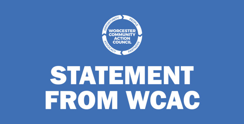 Blue graphic featuring the Worcester Community Action Council (WCAC) logo at the top center above large, bold white text that reads, "STATEMENT FROM WCAC."