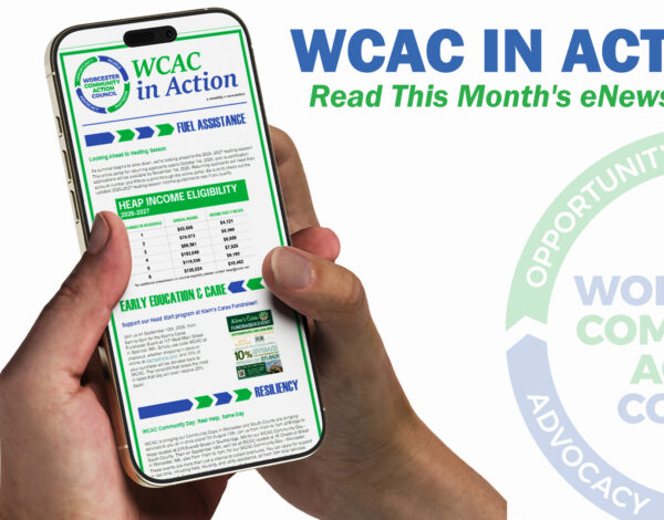 Hand holding a phone showing the WCAC in Action monthly eNewsletter, with text 'WCAC in Action: Read This Month's eNewsletter!' and the WCAC logo.