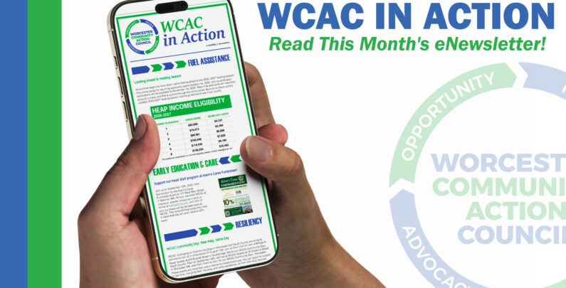 Hand holding a phone showing the WCAC in Action monthly eNewsletter, with text 'WCAC in Action: Read This Month's eNewsletter!' and the WCAC logo.