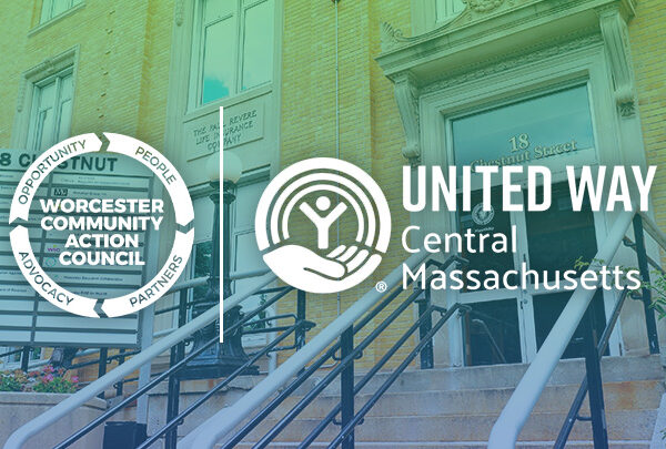 Banner featuring the Worcester Community Action Council (WCAC) and United Way of Central Massachusetts logos displayed side by side over a tinted photograph of WCAC's building entrance at 18 Chestnut Street in Worcester. The image shows the front steps, handrails, and building facade, symbolizing the partnership between the two organizations.