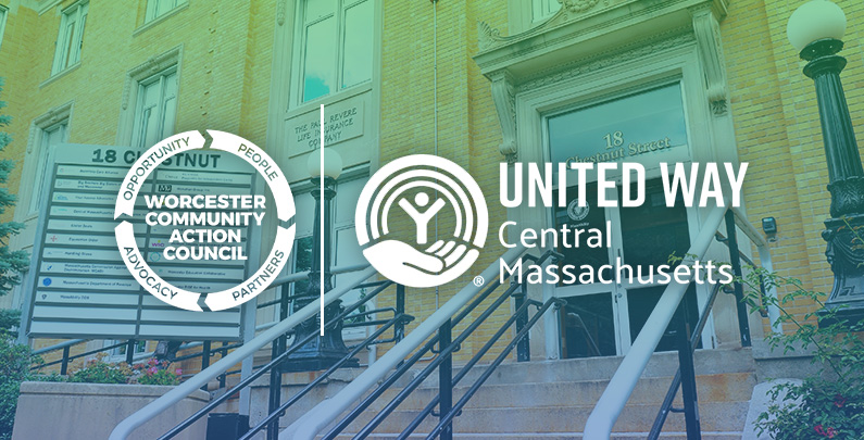 Banner featuring the Worcester Community Action Council (WCAC) and United Way of Central Massachusetts logos displayed side by side over a tinted photograph of WCAC's building entrance at 18 Chestnut Street in Worcester. The image shows the front steps, handrails, and building facade, symbolizing the partnership between the two organizations.