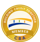 CBA (Credit Builders Alliance) Member seal, reading "Building Credit Together, Member, CBA," featuring a bridge graphic in gold, blue, green, and orange.