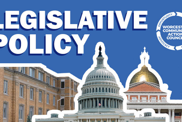 Legislative Policy graphic with the WCAC logo and images of a brick building, the U.S. Capitol, and the Massachusetts State House.