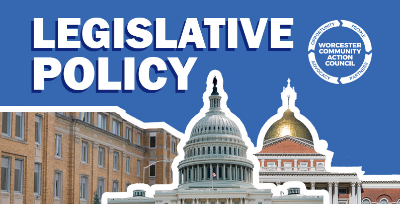 Legislative Policy graphic with the WCAC logo and images of a brick building, the U.S. Capitol, and the Massachusetts State House.